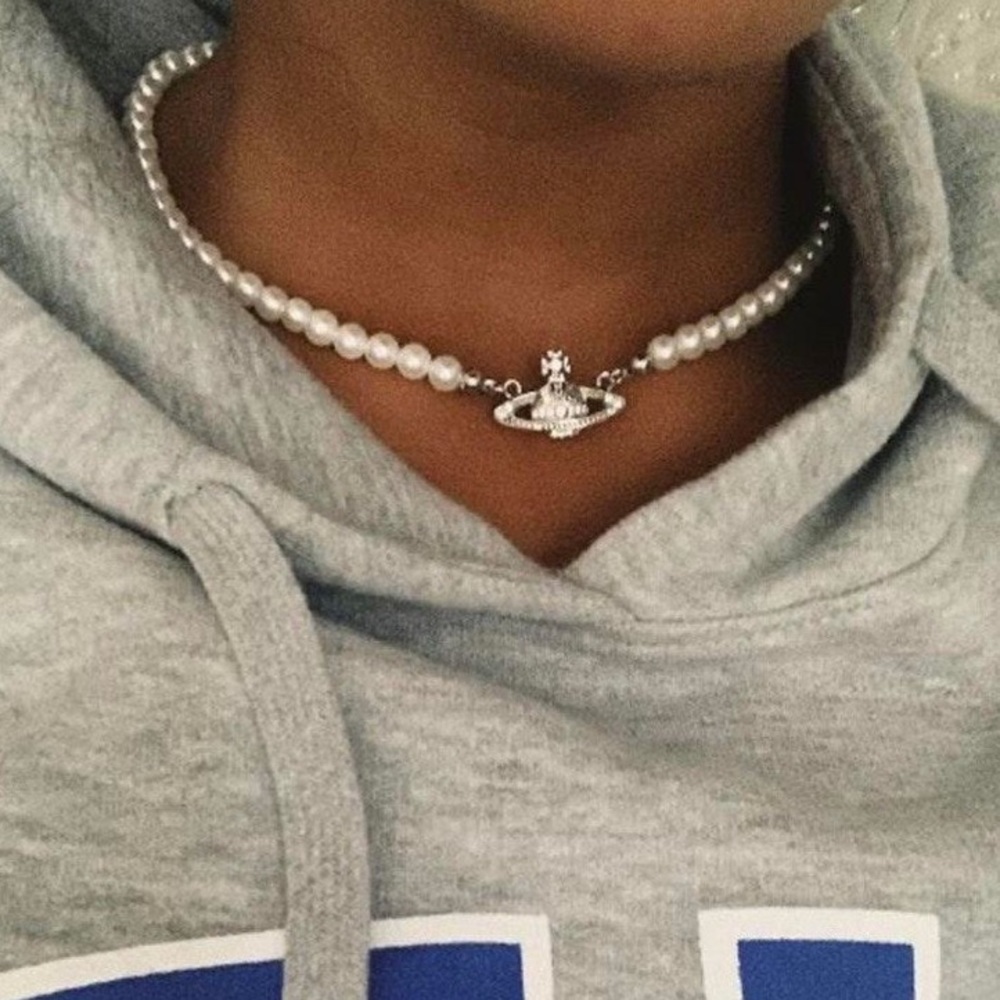 NEW Saturn Planet Silver Charm pearl necklace